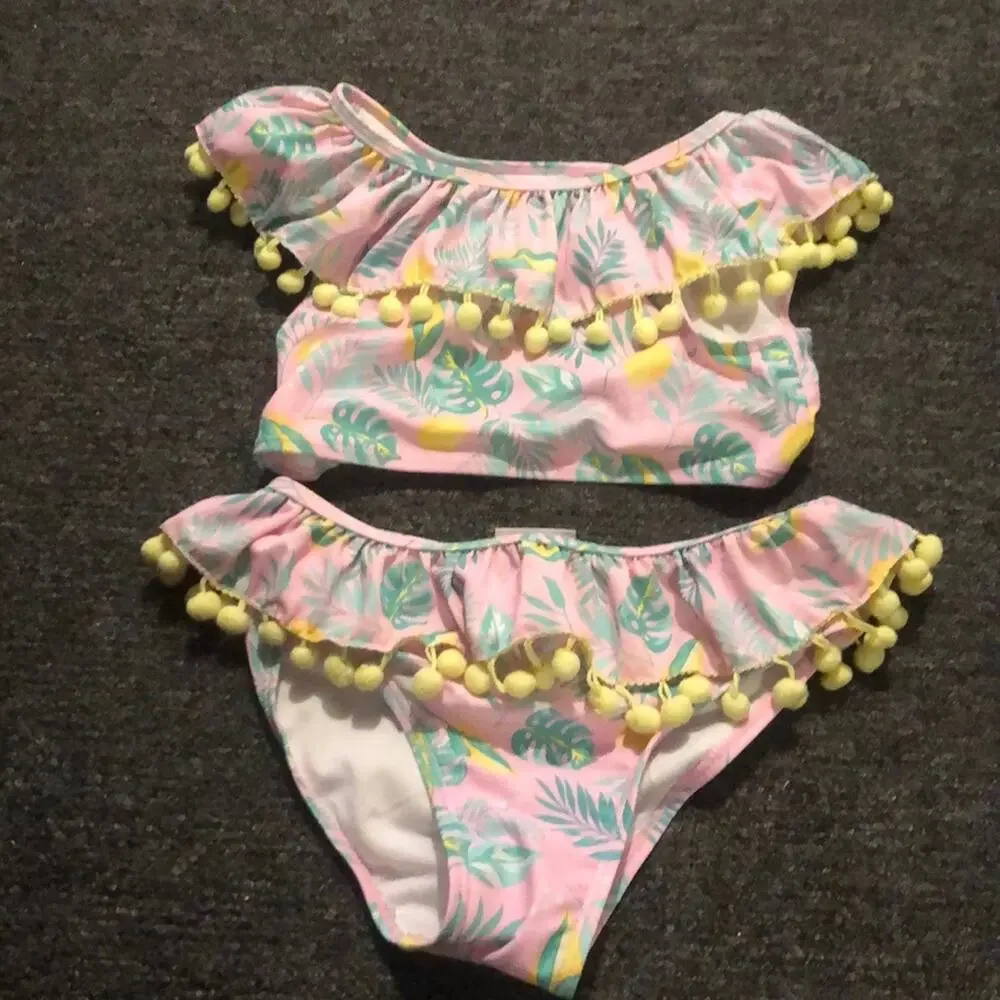 Nicole Miller Girls Swimsuit 2 pc Pom Poms Girl's Medium (10) Pink Lemon Print